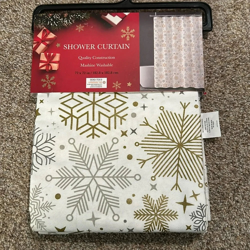 New Holiday Christmas shower curtain in silver & gold 72x72